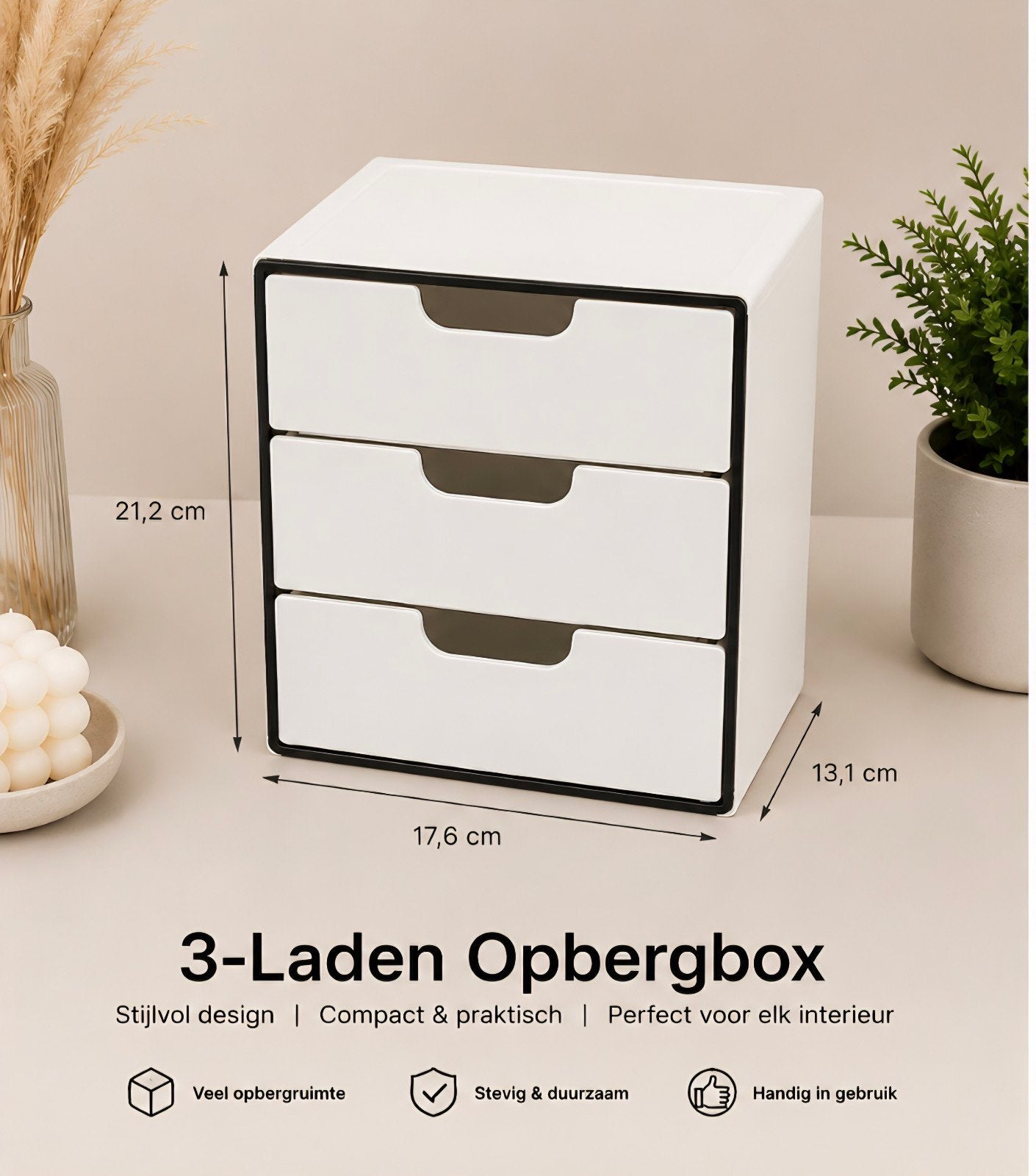 Compacte 3-Laden Opbergbox - Wit met Zwart Frame, Modern, Compact, Minimalistisch, Nieuw, Ophalen of Verzenden, 3 of 4 laden