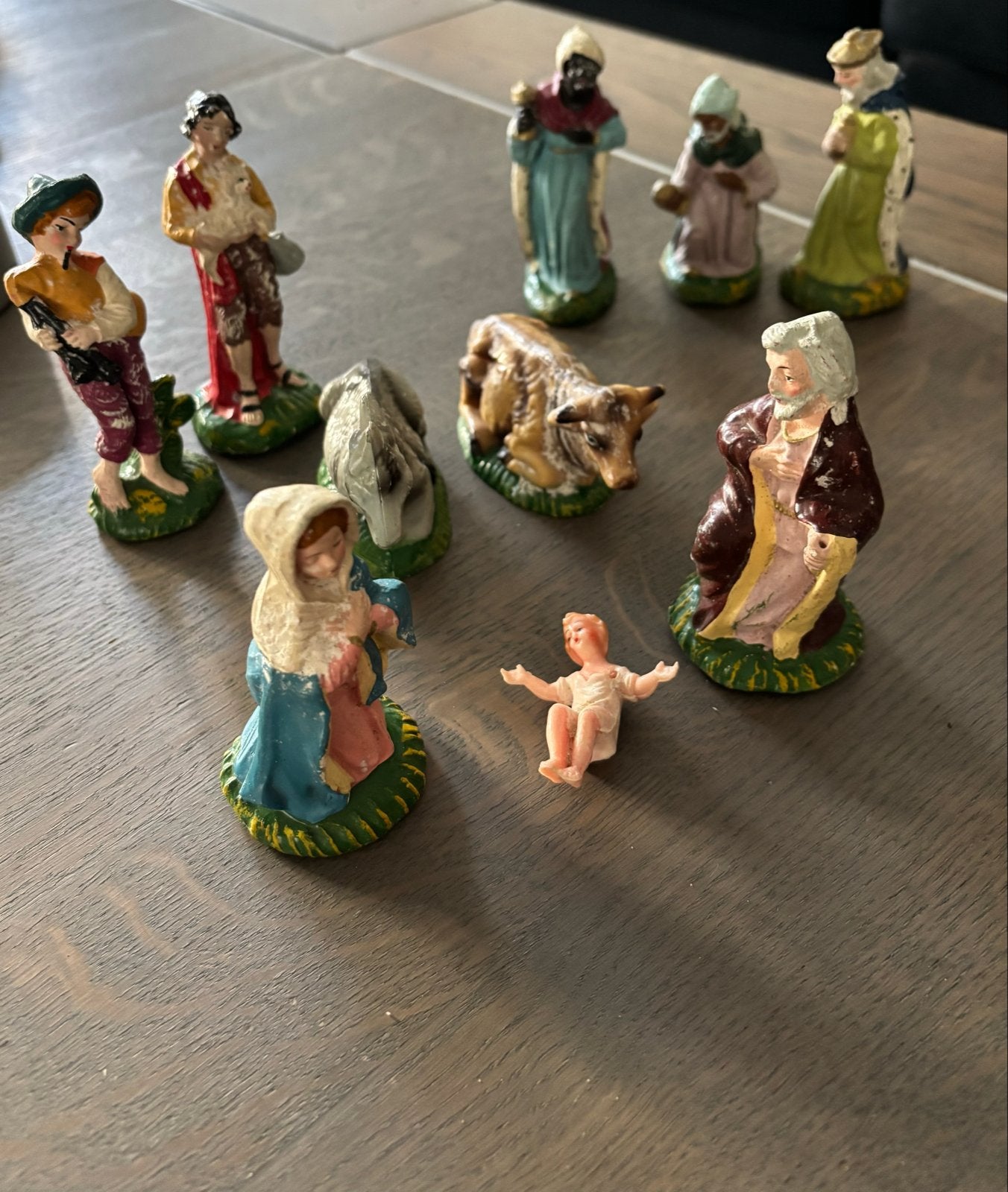 Antieke Kerststal Beeldjes Set - Handgeschilderd, Ophalen of Verzenden, Gebruikt, Beeld(je), Christendom | Katholiek