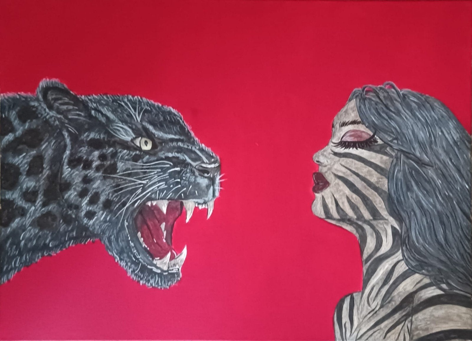 Uniek handgeschilderd doek: Panter en Zebra-vrouw, Antiek en Kunst, Ophalen of Verzenden