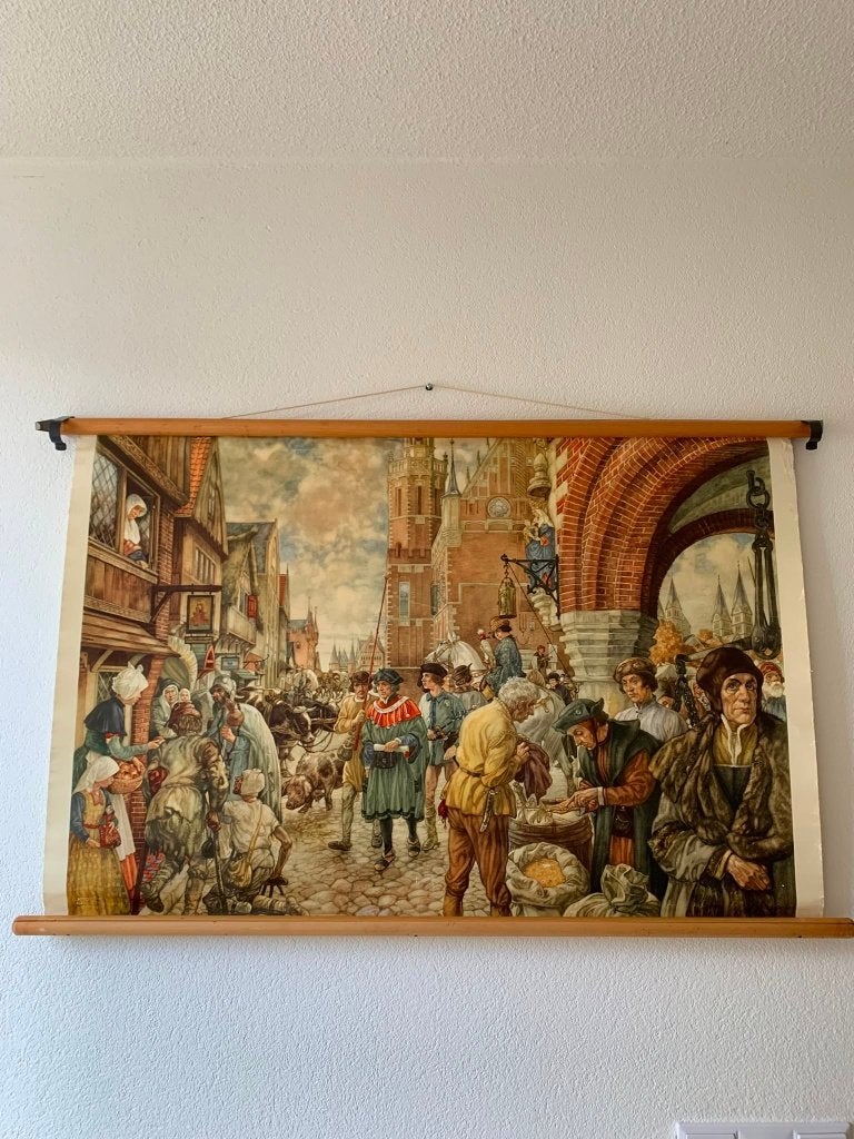 Schoolplaat Isings - Stad in de Middeleeuwen, Ophalen of Verzenden, Geschiedenis