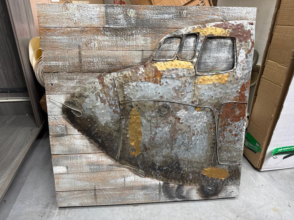 Uniek Vliegtuig Kunstwerk - Metaal op Hout, Antiek en Kunst, Ophalen