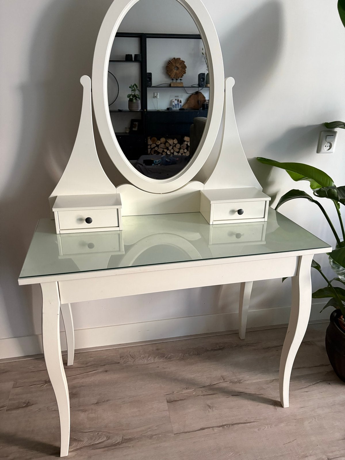 Ikea Hemnes kaptafel met spiegel en glazen blad, Ophalen, Gebruikt, 50 tot 100 cm, 150 tot 200 cm