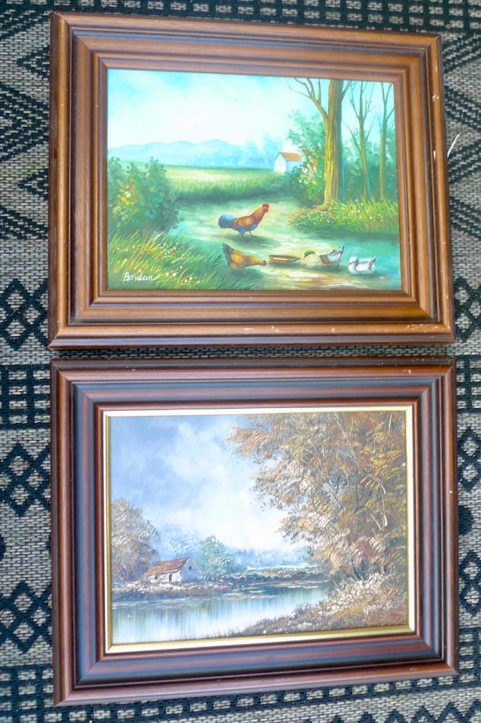 2 x olieverf kippen en landschap, Ophalen, Olieverf