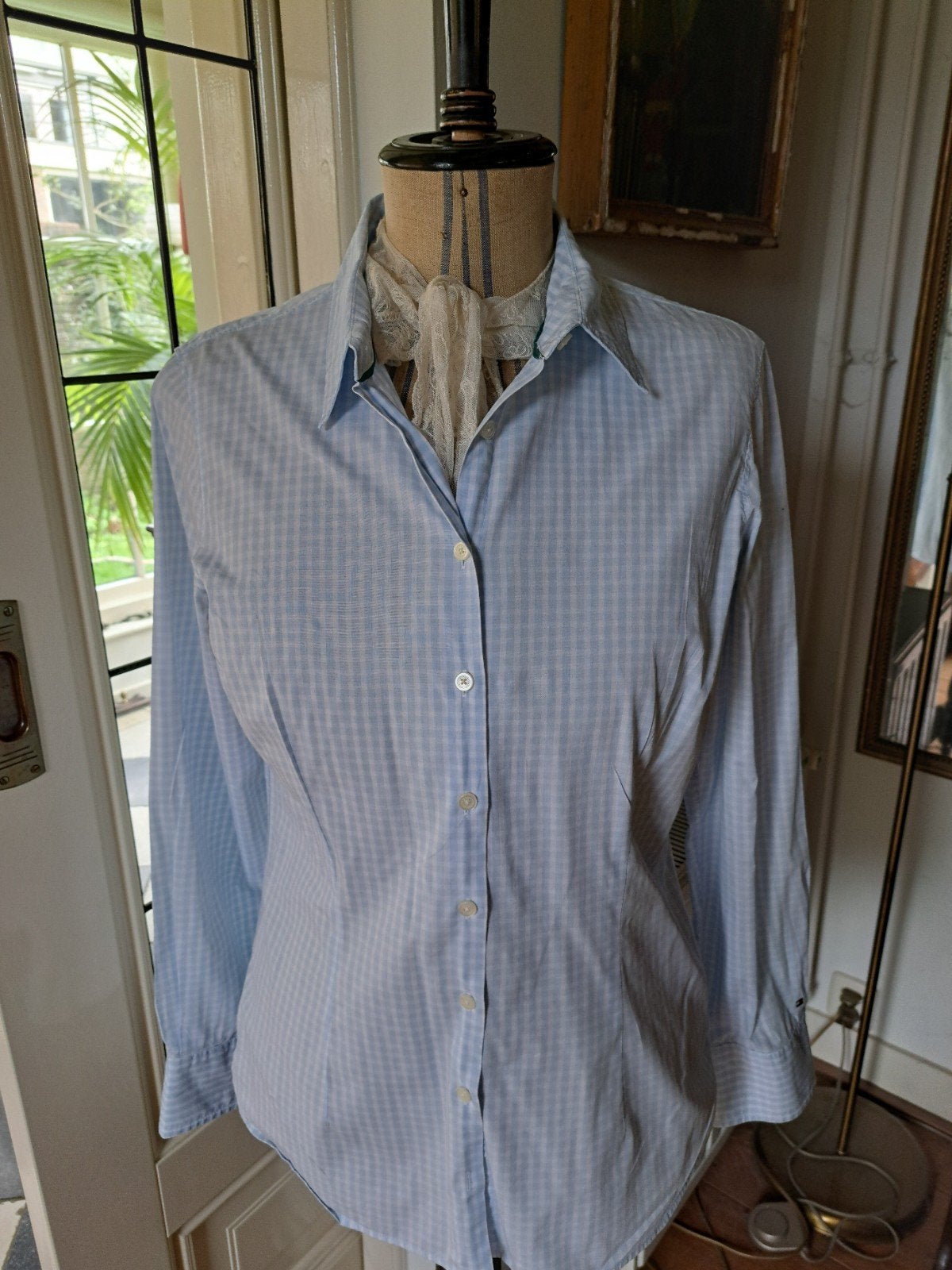 Lichtblauw ruitmotief blouse Tommie Hilfigger 38, Ophalen of Verzenden, Zo goed als nieuw, Maat 38/40 (M), Blauw