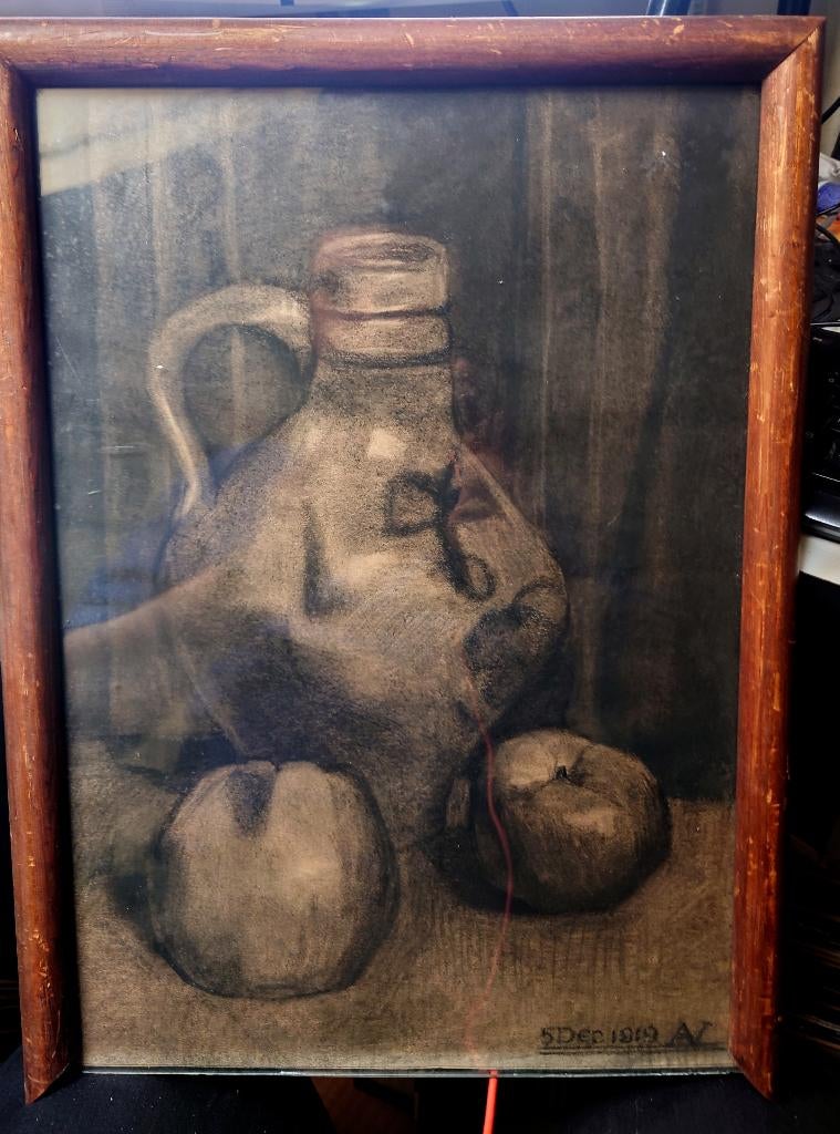 Stilleven met appels en kruik 1919, houtkool monogram AV, Antiek en Kunst, Kunst | Schilderijen | Klassiek, Ophalen of Verzenden