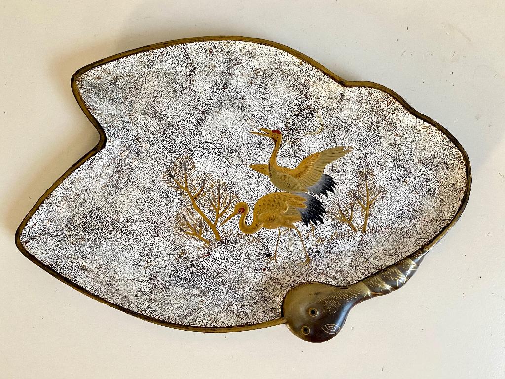 Vintage Japans houtsnijwerk schaaltje met kraanvogels, Ophalen of Verzenden