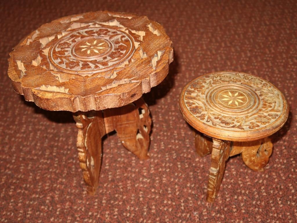 vintage Indische bijzettafeltjes, handgemaakt houtsnijwerk, Verzenden, Gebruikt, Hout, Oosters