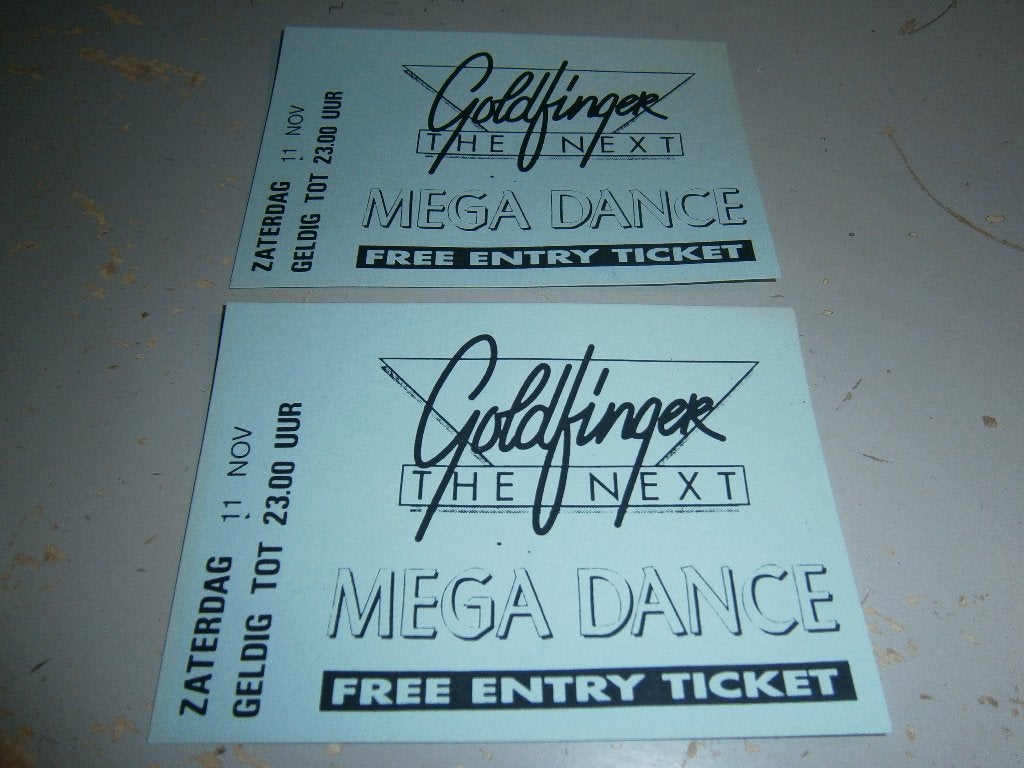 GOLDFINGER THE NEXT Free Entry Ticket Mega Dance 11 nov 1995, Verzamelen, Ophalen, A4 of kleiner, Rechthoekig Liggend, Zo goed als nieuw
