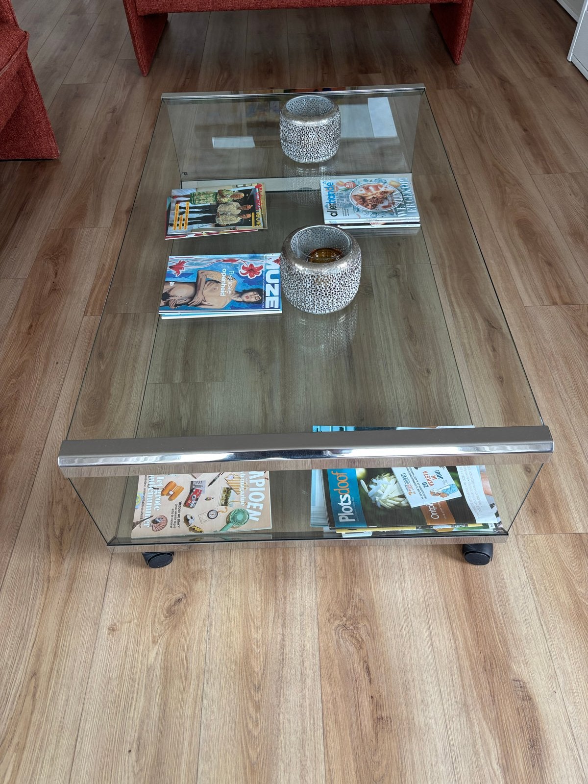 Glazen salontafel met metalen frame en wielen, Ophalen, Gebruikt, 100 tot 150 cm, 50 tot 100 cm