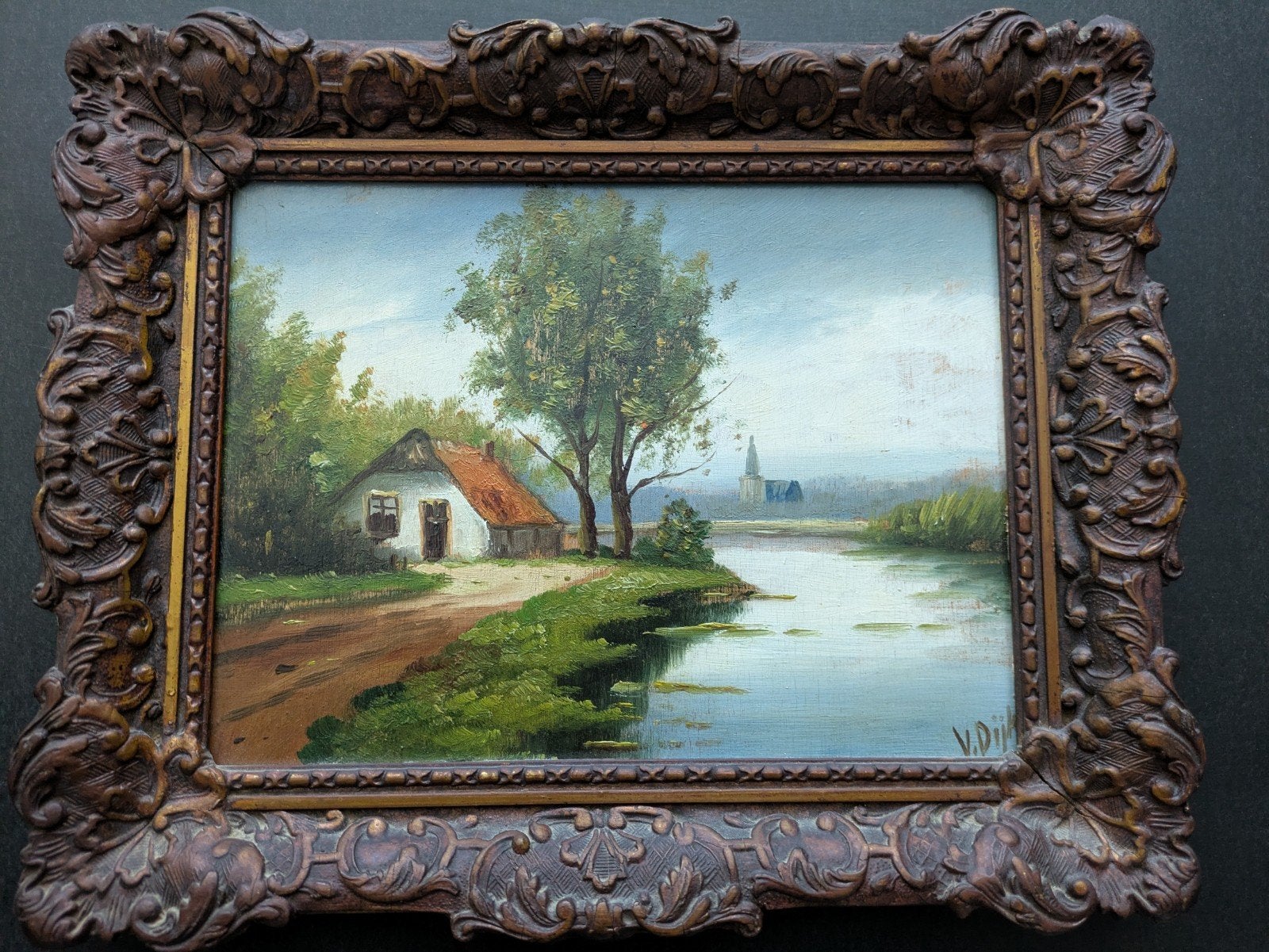 Schilderij V. Dijk - Landschap met huisje en water, Ophalen, Doek, Landschap, Klassiek