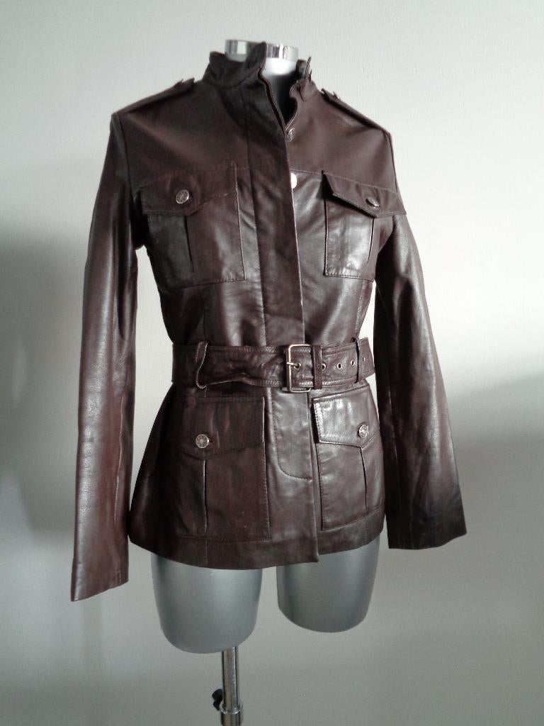 Derhe - Rene Derhy donkerbruin military leren jasje, S, NEW, Bruin, Nieuw, Ophalen of Verzenden, Maat 36 (S)