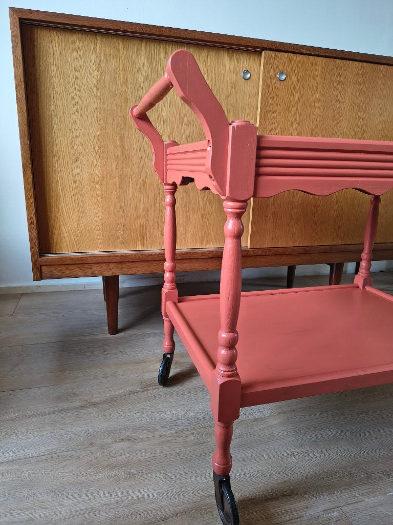 Vintage bar cart / serveerwagen – Koraalroze, Huis en Inrichting, 45 tot 60 cm, Minder dan 55 cm, Onbekend, Ophalen of Verzenden