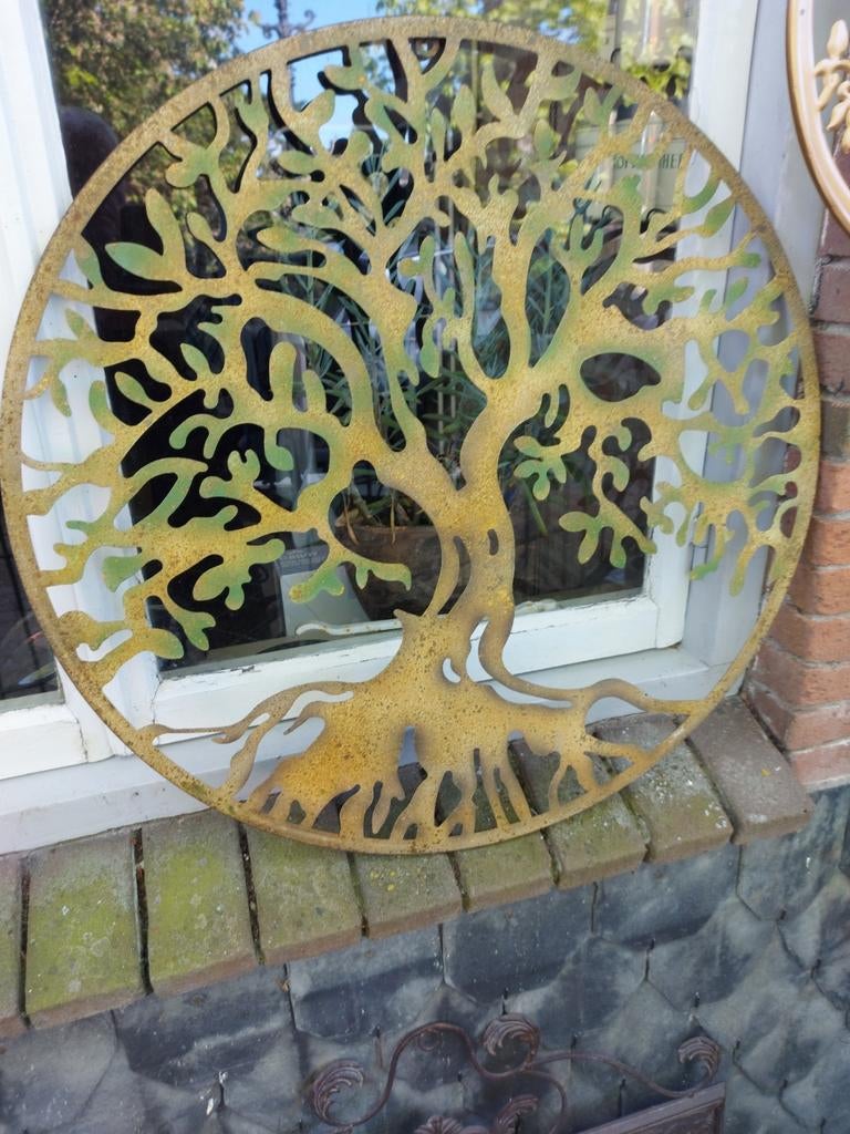 Levensboom zink groen/ bruin / geel muurornament boom cadeau, Tuin en Terras, Ophalen of Verzenden, Nieuw