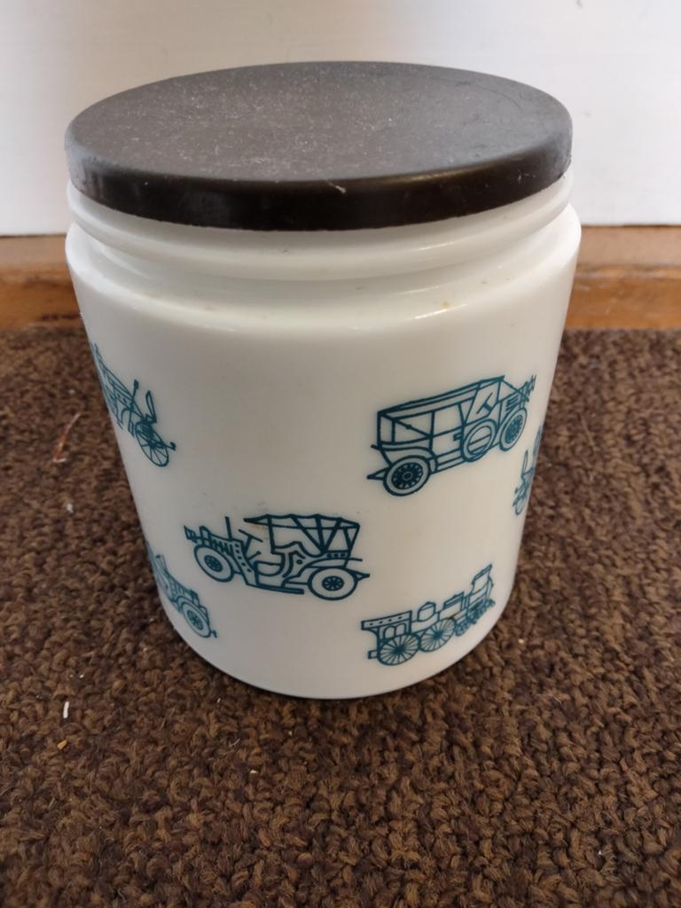 Vintage Opaline Pot met Antieke Voertuigen Decoratie, Ophalen of Verzenden