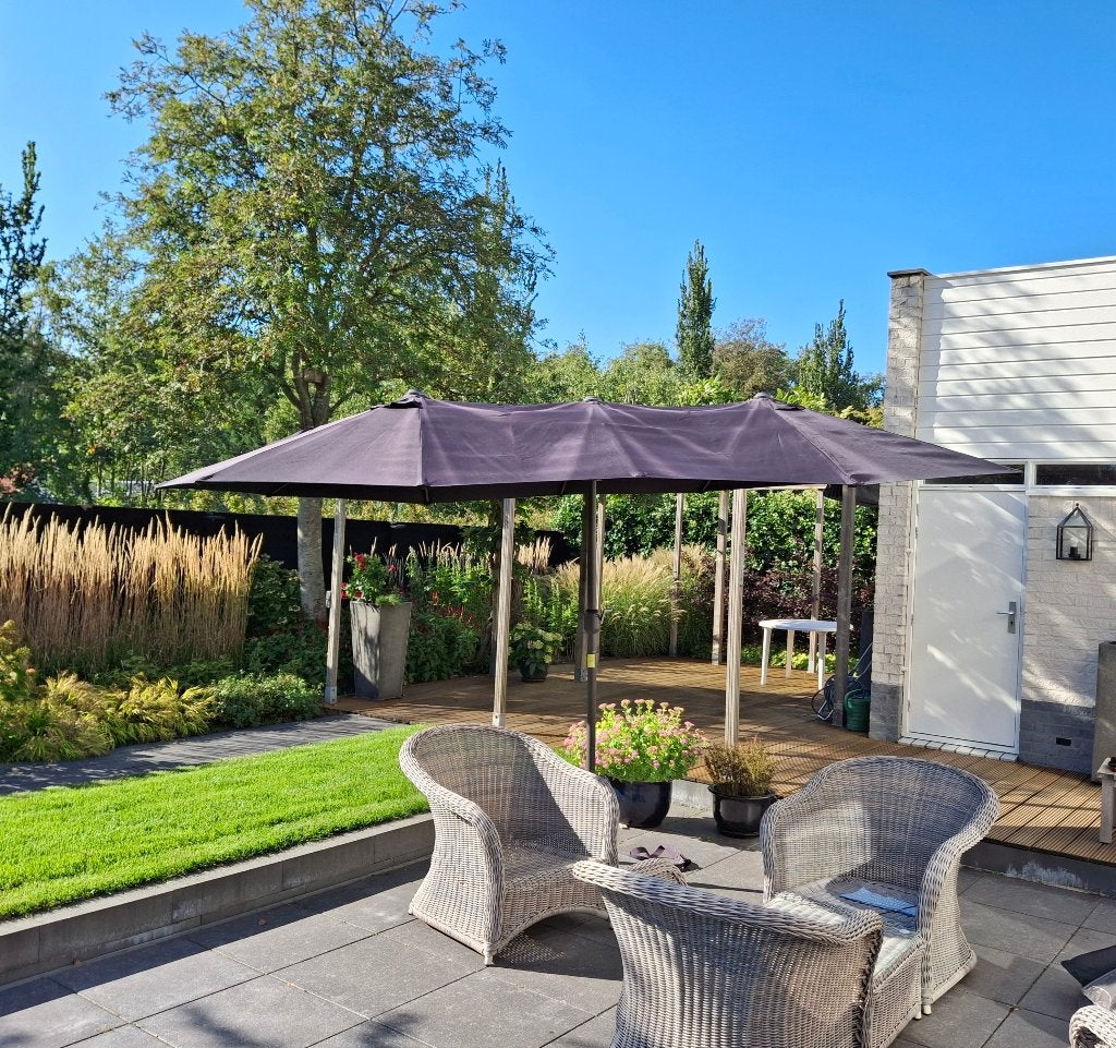 Parasol (breed) zwart/grijs, Ophalen, Zo goed als nieuw, Meer dan 4 meter, Stokparasol