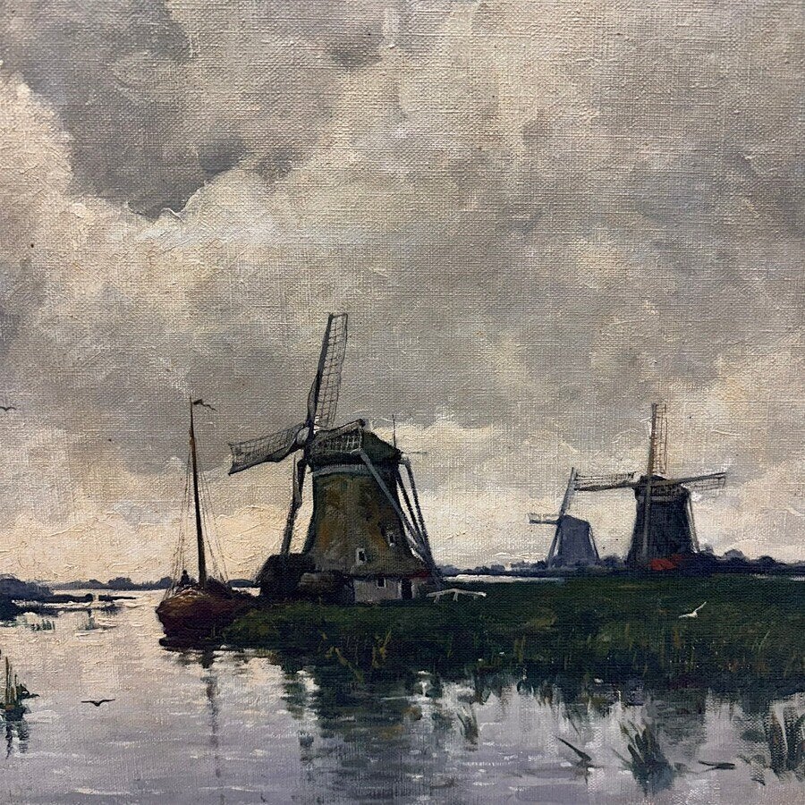 Niet gesigneerd. Schilderij polder met molens., Ophalen of Verzenden