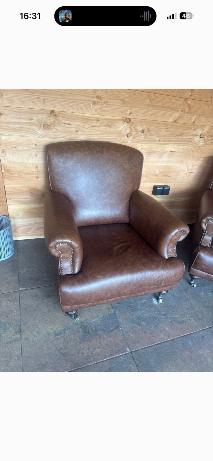 Leren fauteuil op wieltjes - Bruin, Gebruikt, Bruin, Leer, Ophalen of Verzenden