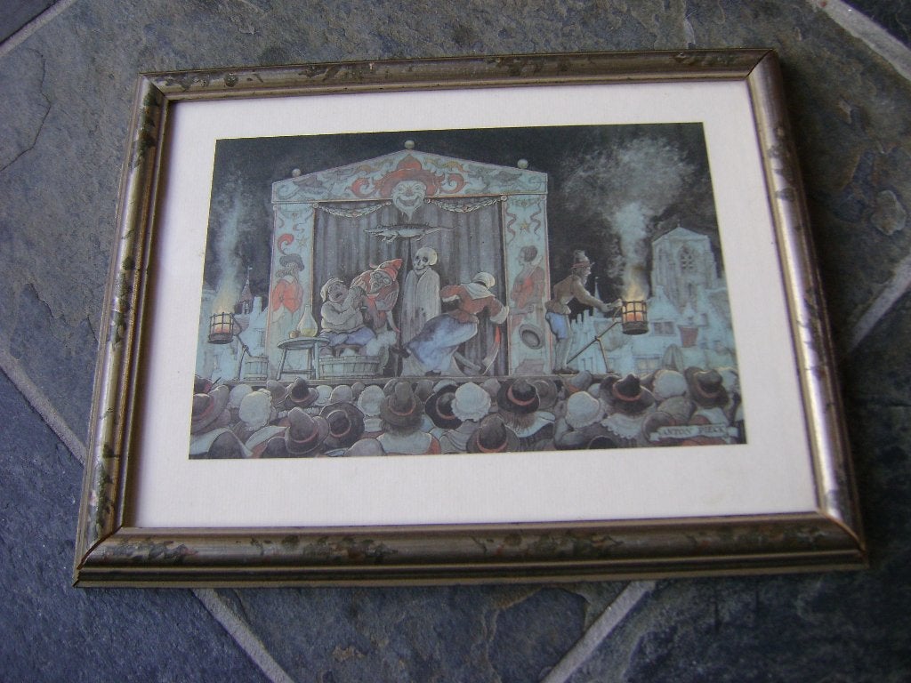 Oude Schilderijtje Anton Pieck - Poppenkast vermaak, Minder dan 50 cm, Oorspronkelijke maker, Ophalen of Verzenden, Zo goed als nieuw