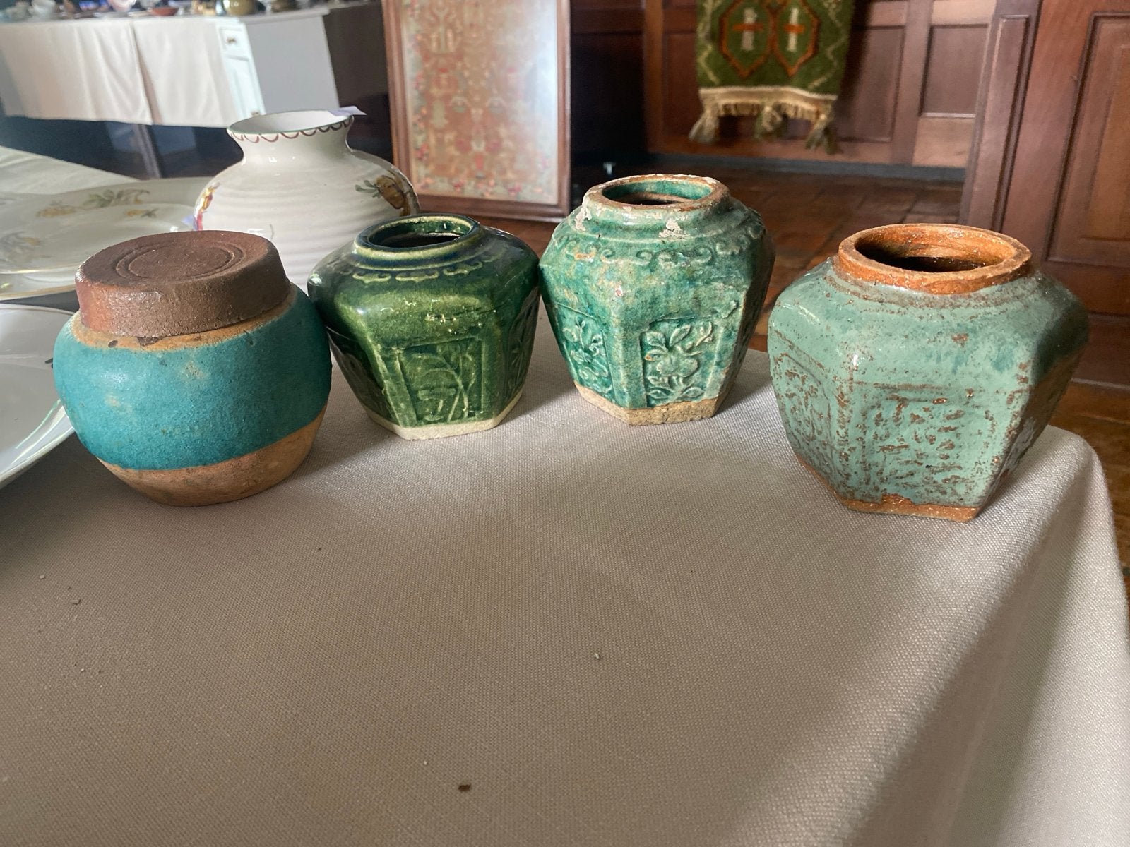 Set van 4 antieke gemberpotten - Groen en turquoise, Ophalen