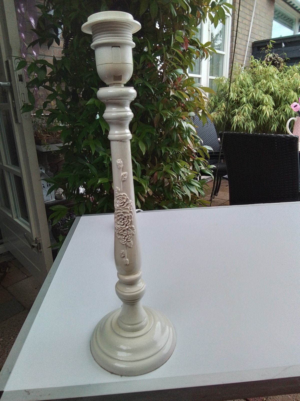 Tafellampvoet met roosjes, crème wit 40 cm hoog, Beige, Gebruikt, Hout, 40 cm