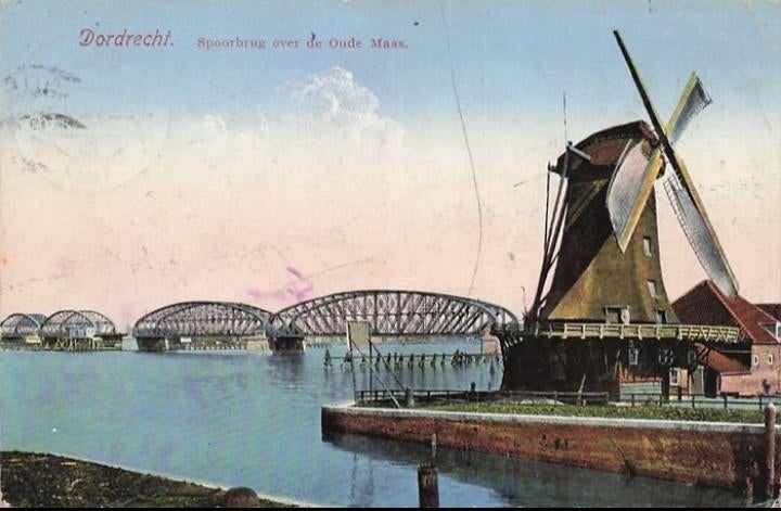 Dordrecht spoorbrug over de Oude Maas met molen 1909, Verzenden, Voor 1920, Gelopen, Zuid-Holland