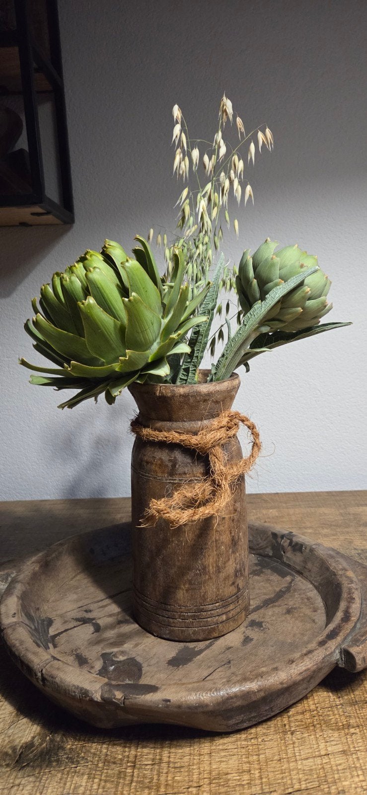 Nepalese houten pot met echte artisjokken, Ophalen of Verzenden
