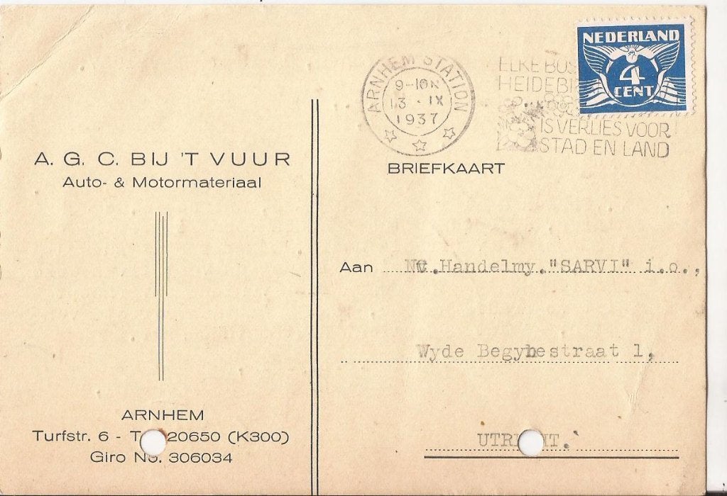 ARNHEM 1937 A. Bij T VUUR  Auto-  Motormateriaal Turfstr. 6, Verzenden, 1920 tot 1940, Gelopen, Gelderland