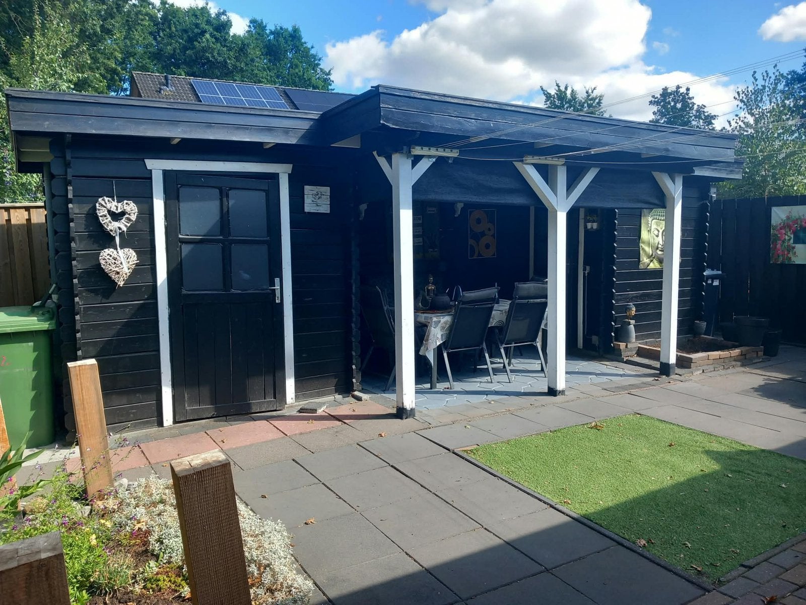Tuinhuis met overkapping en schuurtjes, Ophalen, Gebruikt, Tuinhuis, 250 tot 500 cm