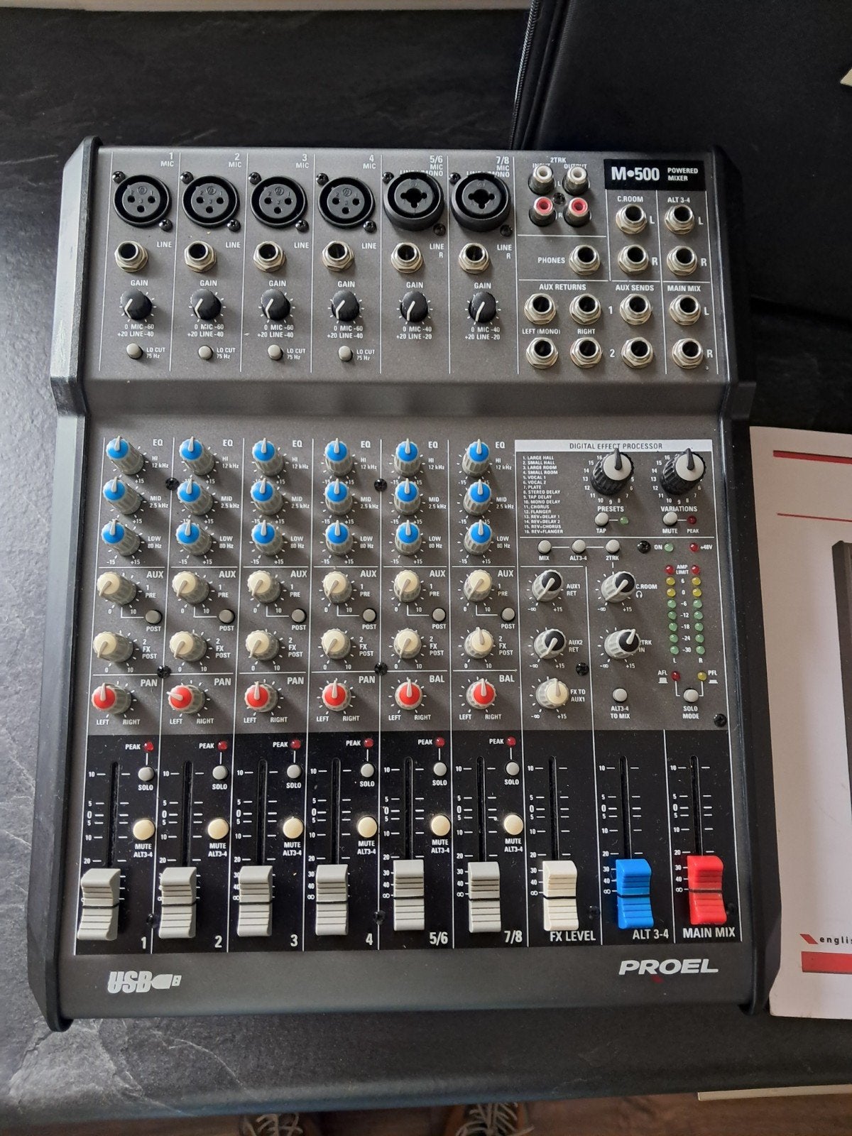 Proel M-500 powerd mengpaneel 2x250 watt rms, Ophalen of Verzenden, Zo goed als nieuw, 5 tot 10 kanalen, Microfooningang