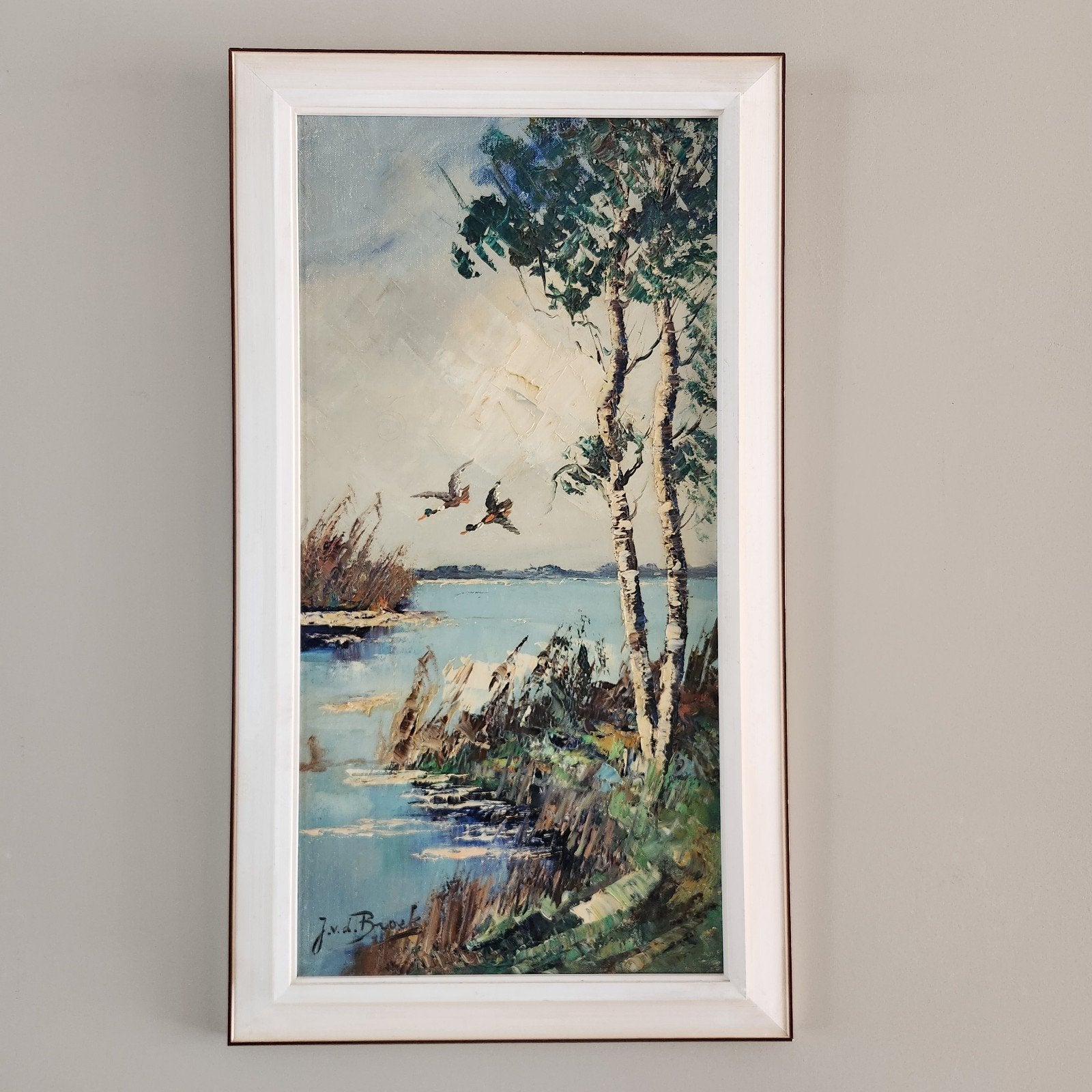 Sfeervol olieverfschilderij Hollands landschap met eenden, Ophalen of Verzenden