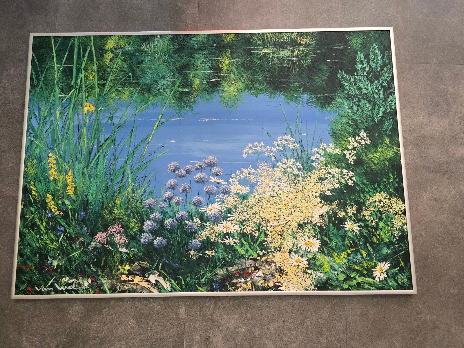 Peter van Wel - Landschap met bloemen en water (101x71 cm), Antiek en Kunst, Ophalen