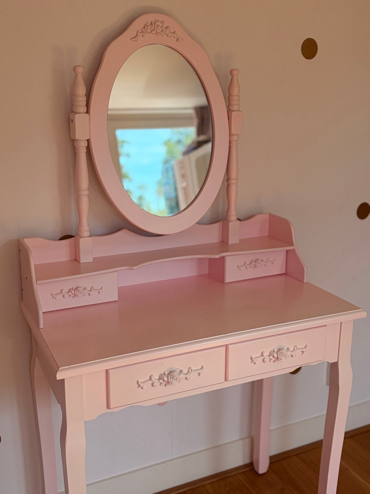 Roze kaptafel met spiegel en 4 lades, Ophalen, Gebruikt, Tafel(s)