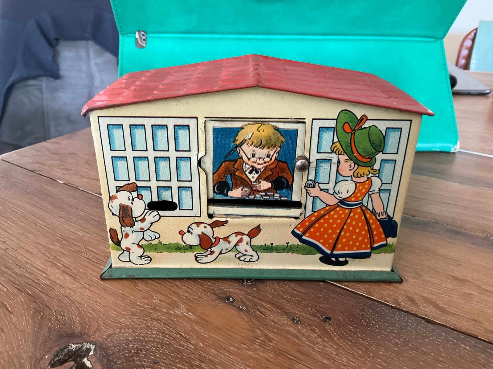 Oud blikken  kleine winkelkassa met leuke voorstellingen!, Ophalen of Verzenden, Gebruikt, Metaal of Blik, Overige thema's