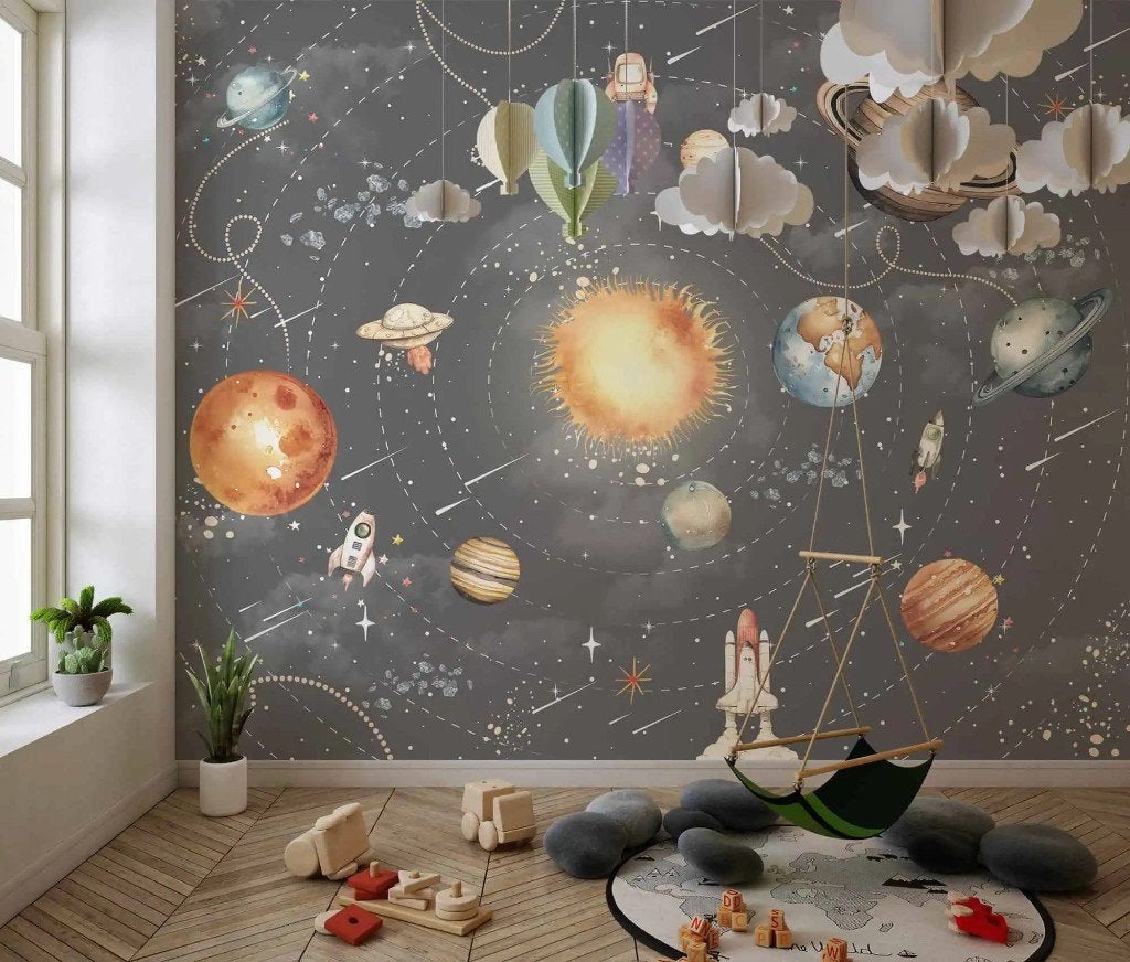 Ruimte behang kinderkamer – zonnestelsel op maat, Overige merken, Modern, Ophalen of Verzenden, Fotobehang