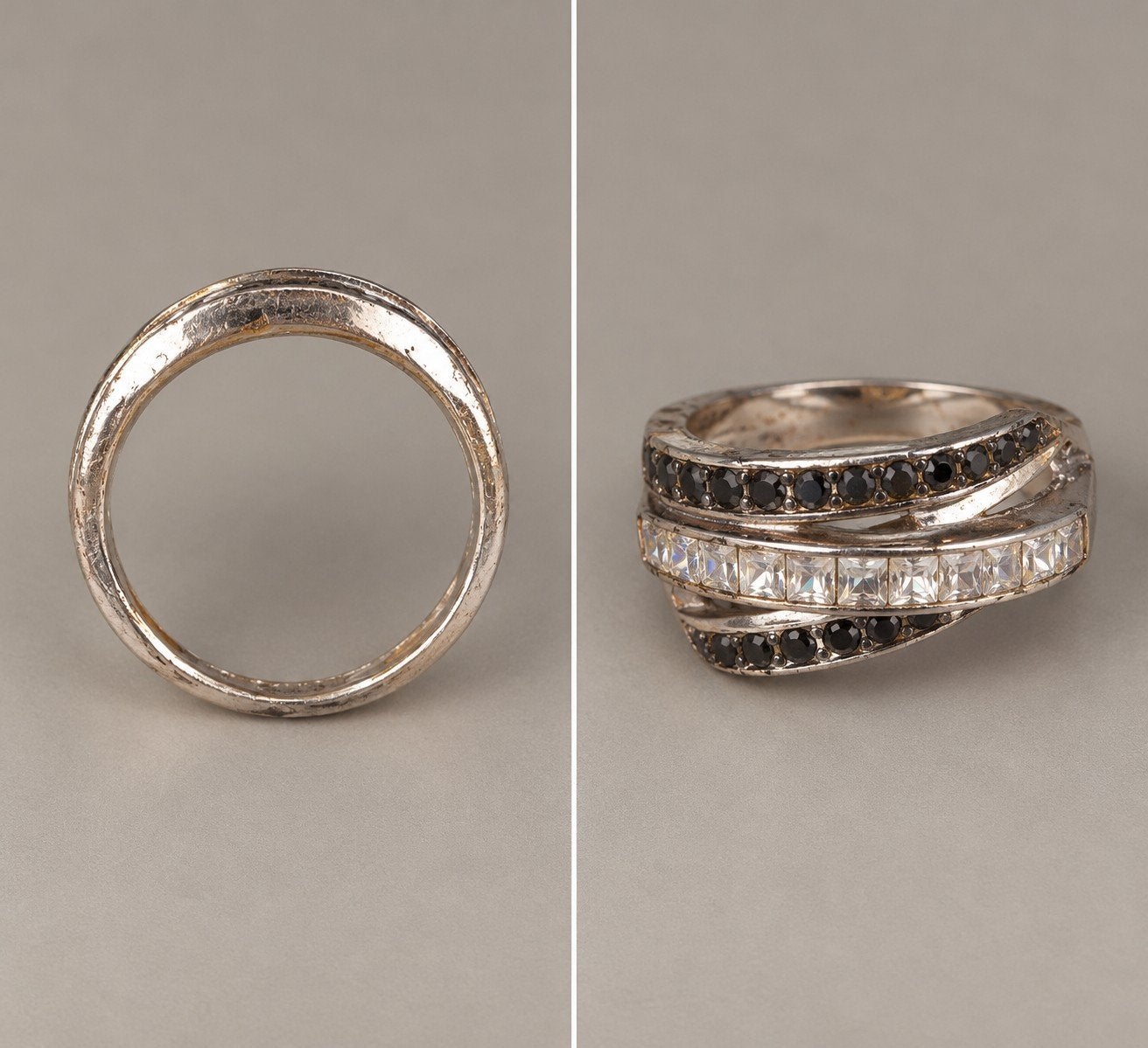 Zilverkleurige ring met zwarte en heldere steentjes, Ophalen of Verzenden, Zilver, Dame
