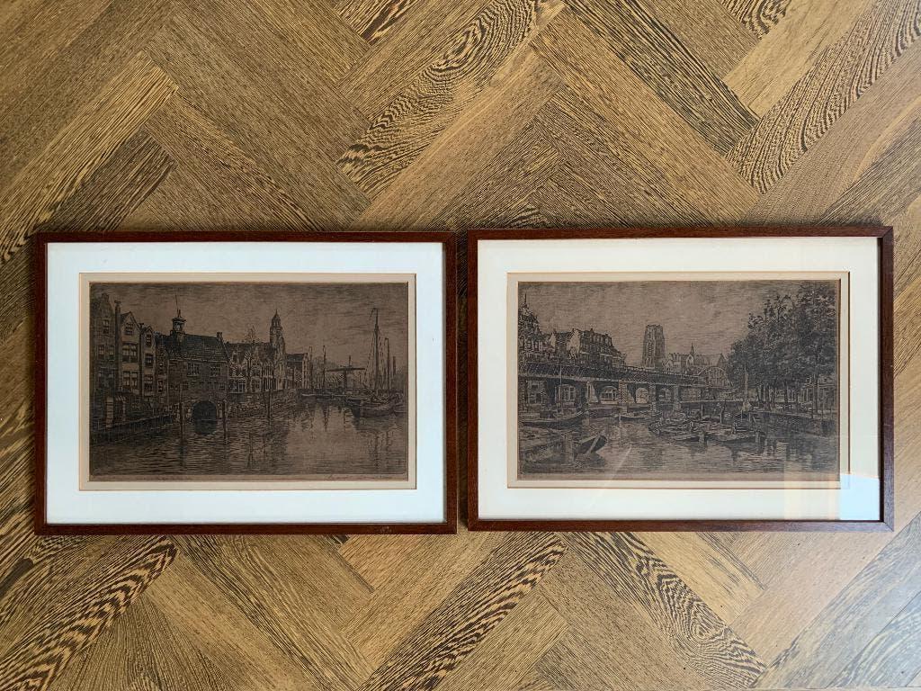Etsen Rotterdam Kolk en Delfshaven, Antiek en Kunst, Kunst | Etsen en Gravures, 54 cm, Stadsgezicht, Ophalen of Verzenden, 1950 - 1999