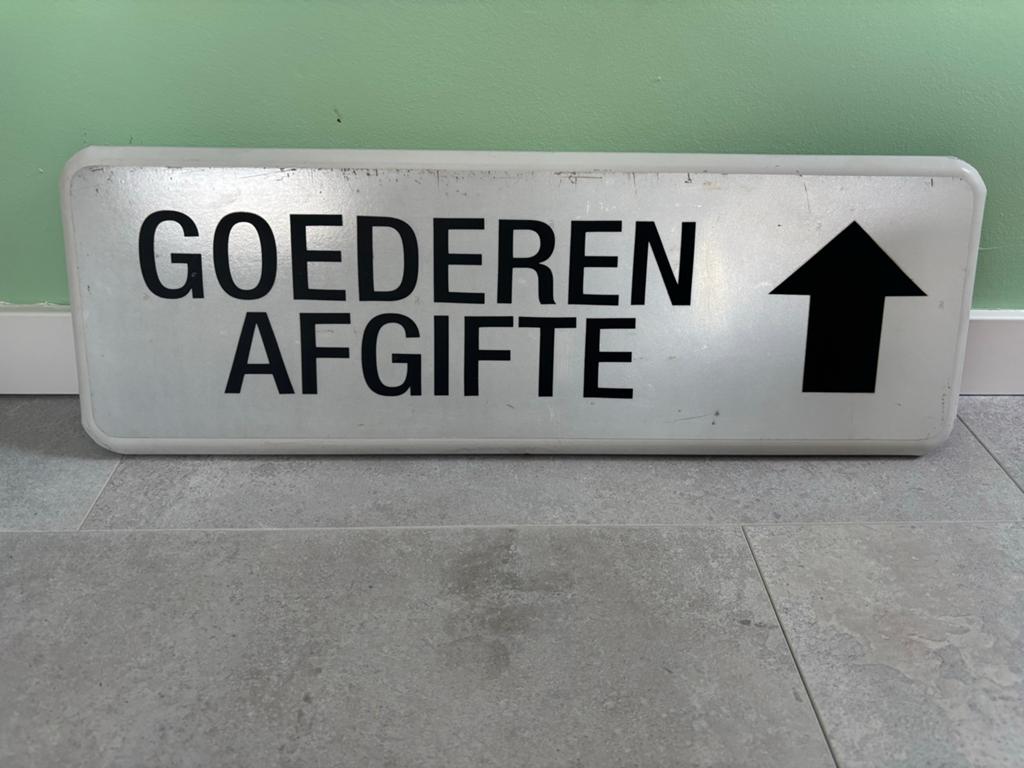 Vintage Reclamebord 'Goederen Afgifte' met Pijl, Ophalen of Verzenden, Gebruikt, Reclamebord