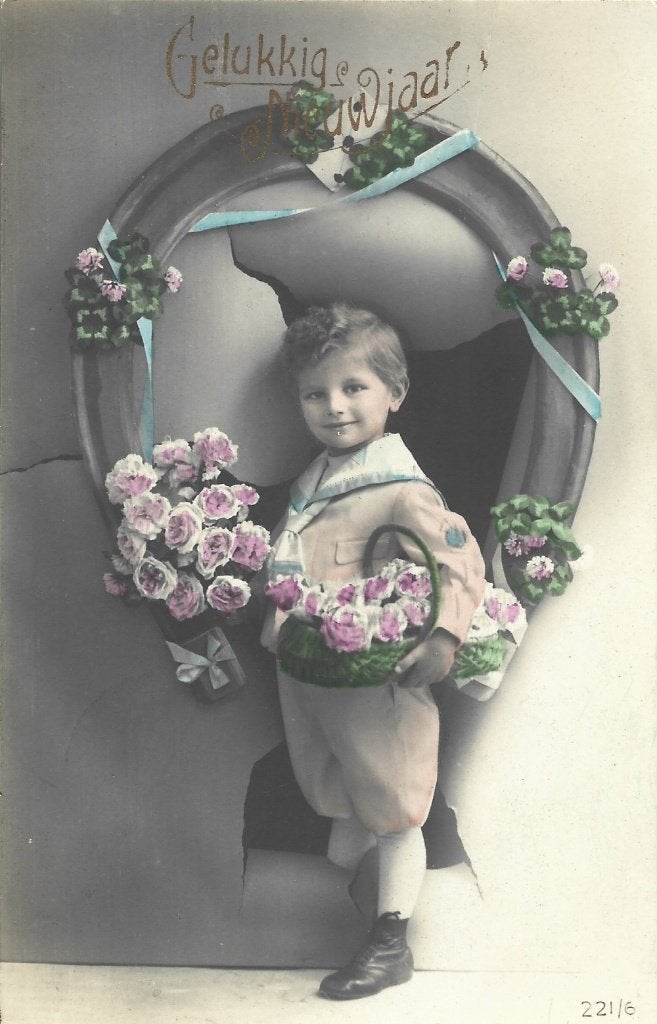 Antiek*Gelukkig Nieuwjaar*Jongetje in hoefijzer*Brocante, Ophalen of Verzenden, Voor 1920, Gelopen, Feest(dag)