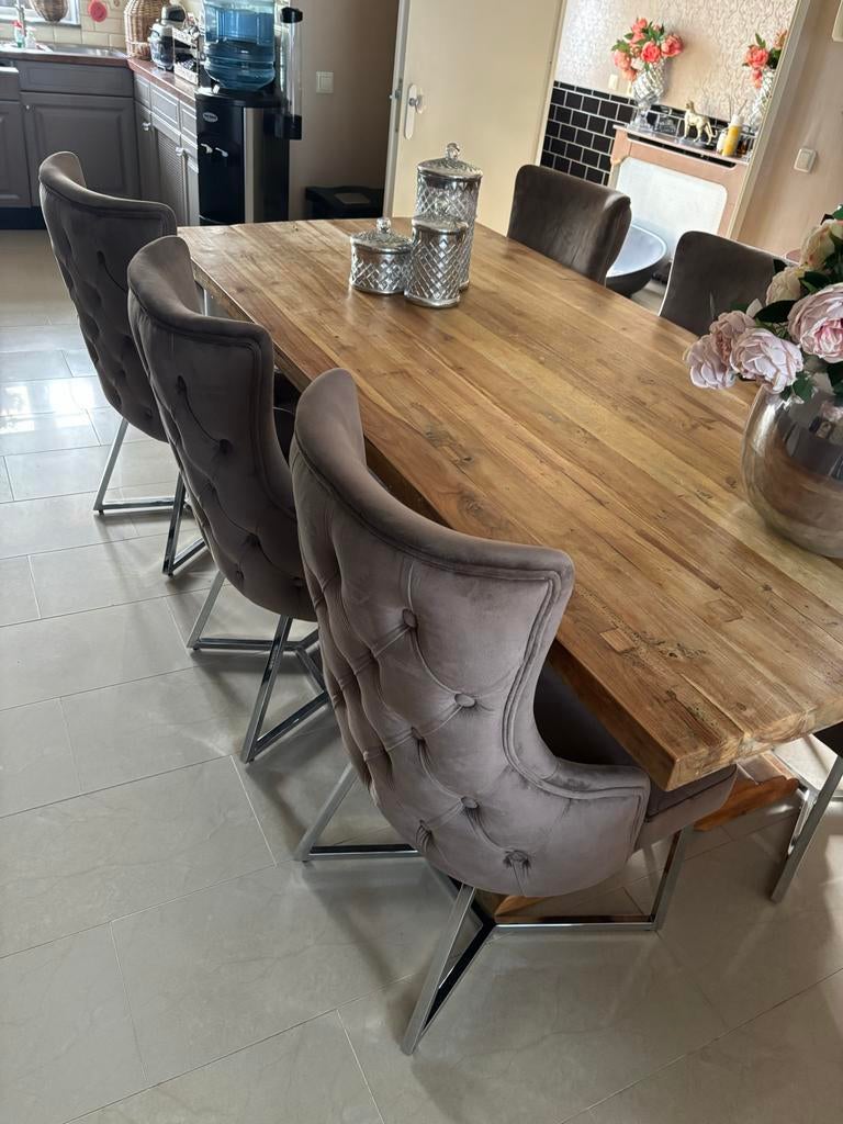 Set van 6 luxe eetkamerstoelen - Taupe fluweel, Ophalen, Zo goed als nieuw