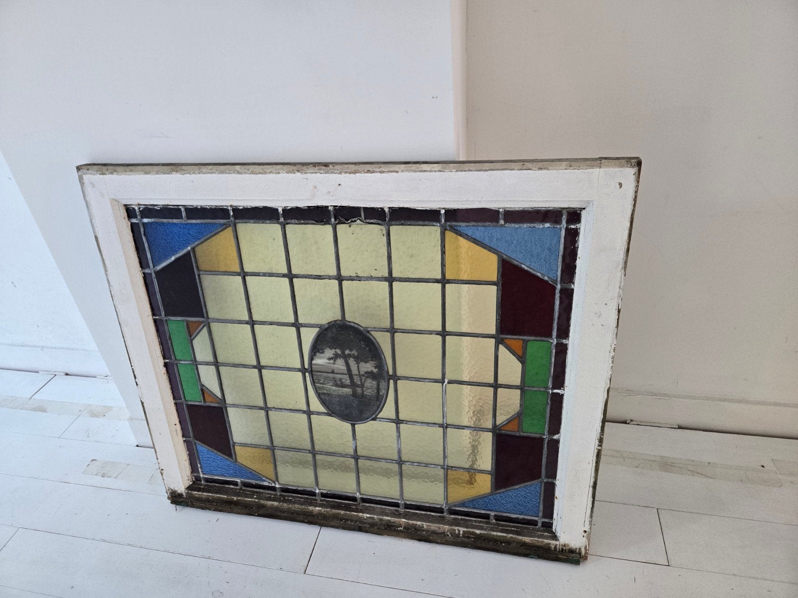 Mooi raam met originele glas in lood 85x103 cm, Doe-het-zelf en Verbouw, Ophalen, Gevelraam of Ruit, Gebruikt, Glas in lood