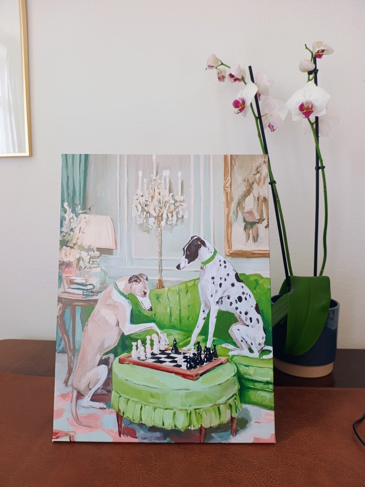 Canvasprint van een Whippet en Dalmatiër die schaken, Ophalen of Verzenden