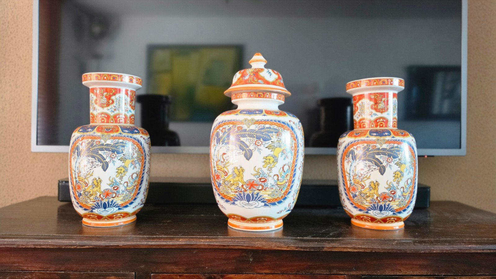 Prachtige set van 3 vintage EKEN porseleinen vazen – Kutani, Ophalen