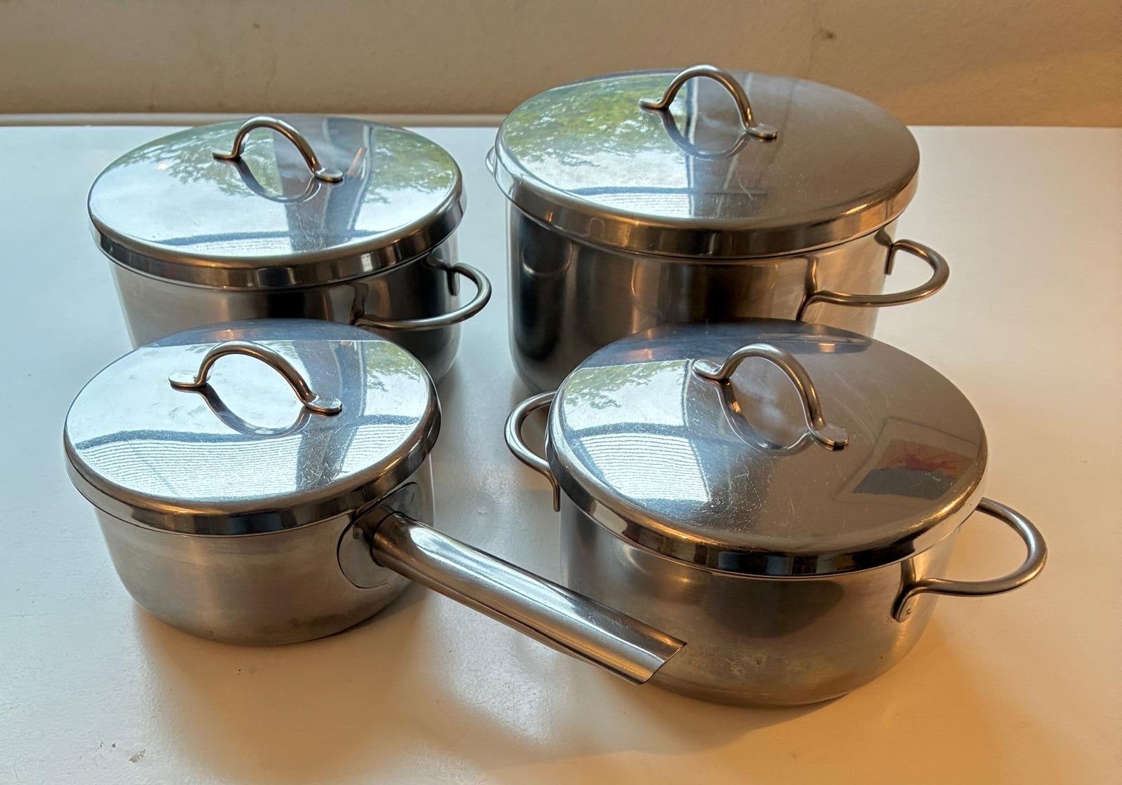 Pannenset RVS met deksels - 4-delig, Gebruikt, Met deksel, Pannenset, Ophalen of Verzenden