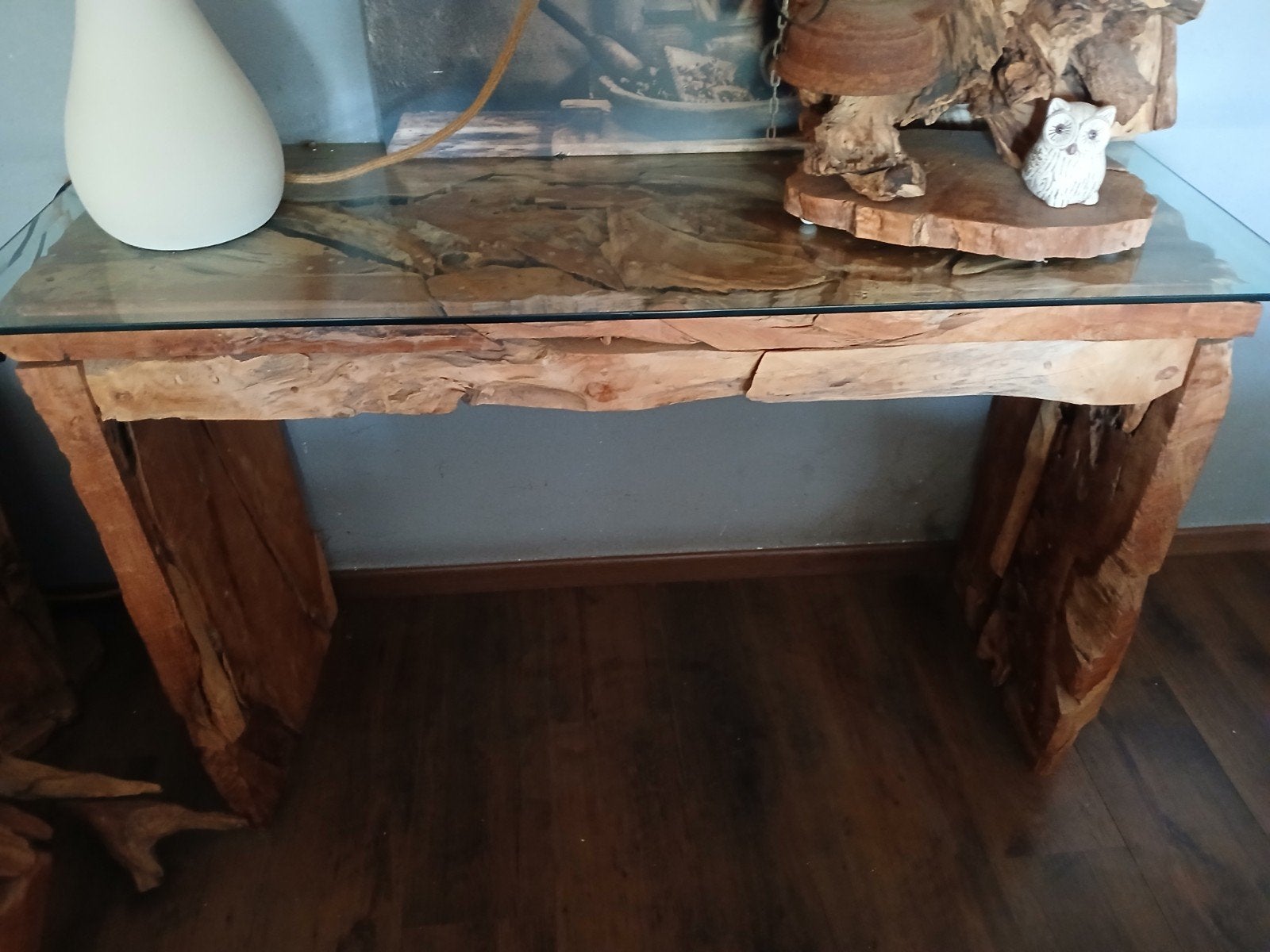 Handgemaakt Teakhouten Dressoir met Glasplaat, 100 tot 150 cm, Glas, Ophalen of Verzenden, Zo goed als nieuw