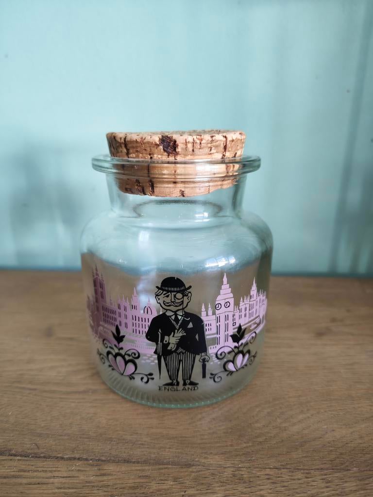 Vintage glazen voorraadpot met kurk en Engeland print, Ophalen of Verzenden