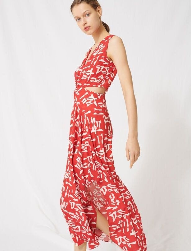Maje Rode Maxi Jurk met Uitsnijdingen en Print - Maat 36, Nieuw, Ophalen of Verzenden, Maje, Maat 36 (S)