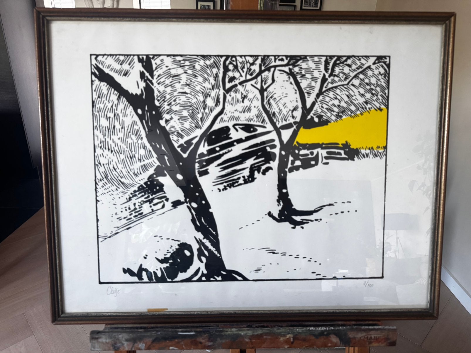 Zeefdruk zwart/wit met geel van auto, Antiek en Kunst, Ophalen