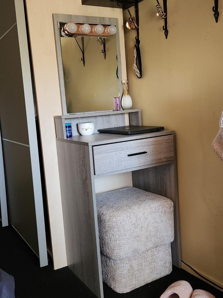 Grijze kaptafel met spiegel en verlichting, 100 tot 150 cm, Zo goed als nieuw, Modern, Hout