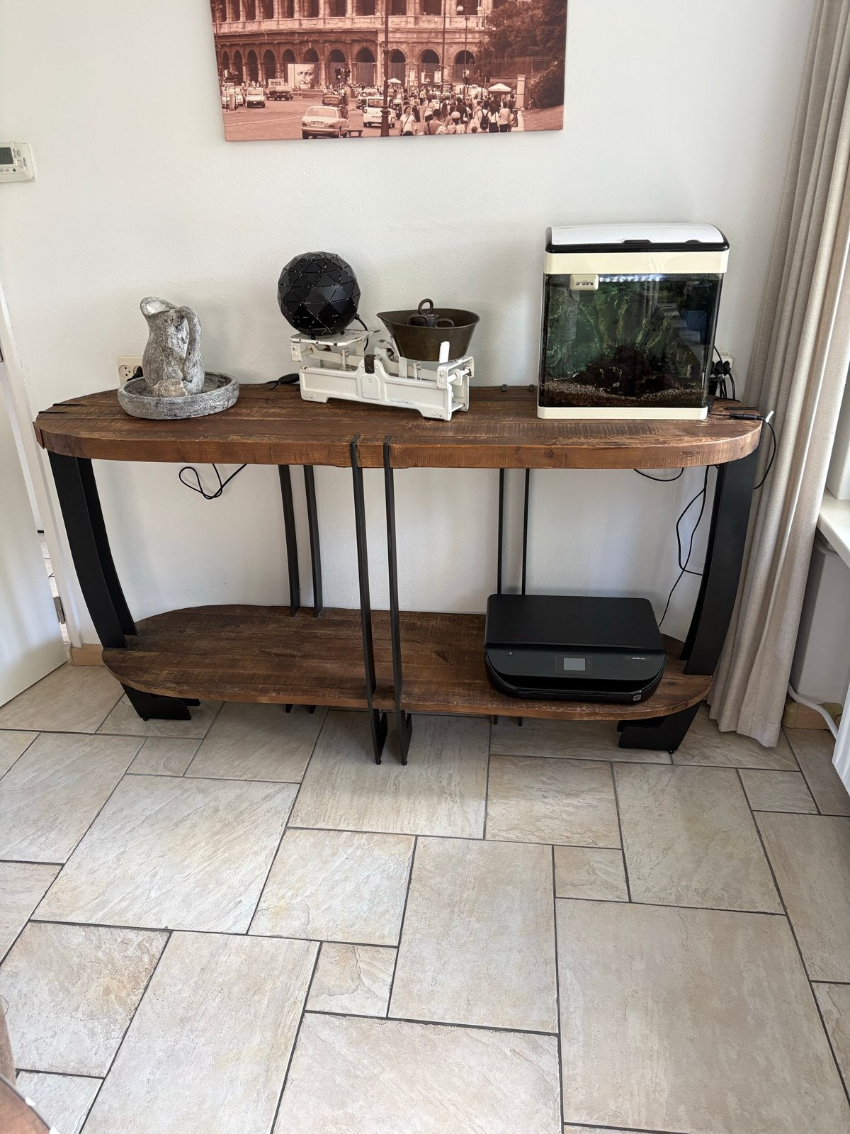 Industriële side table van hout en metaal, Ophalen, Gebruikt, 75 cm of meer, 60 cm of meer