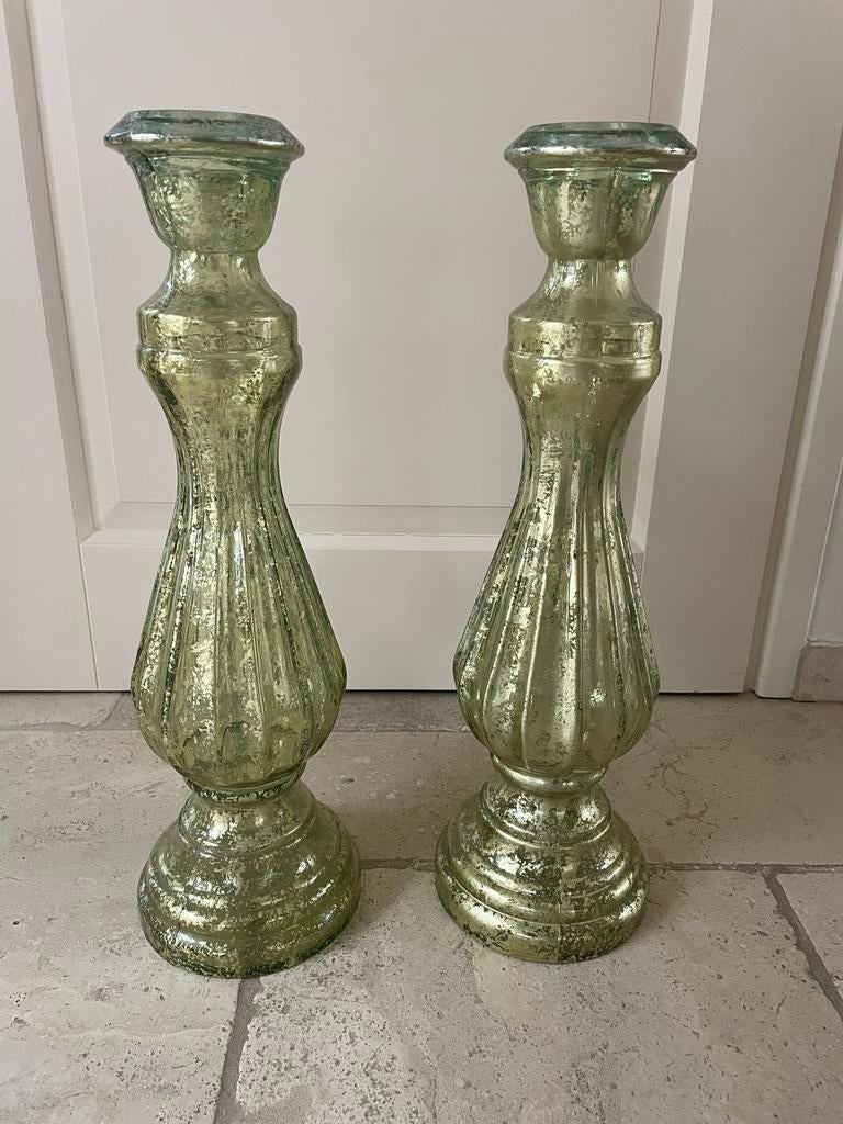 2 glazen kandelaars 55 cm hoog, Ophalen, Overige materialen, Crème, 50 tot 75 cm